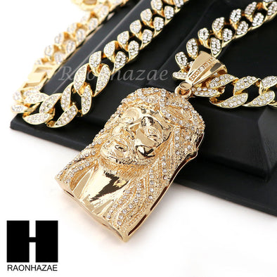 Hip Hop 14k Gold Plated Jesus Face PAVE Pendant 30" Cuban Link Chain N4 - Raonhazae