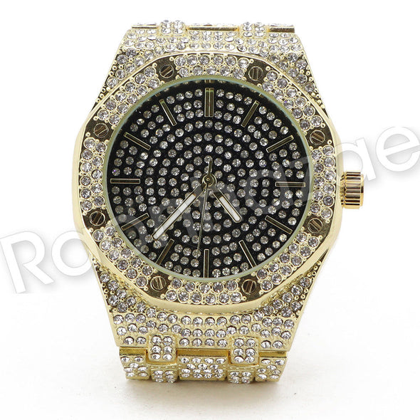 Men Offset 14K Gold Silver PT Hip Hop Luxury Black Octagon Watch F16GS - Raonhazae
