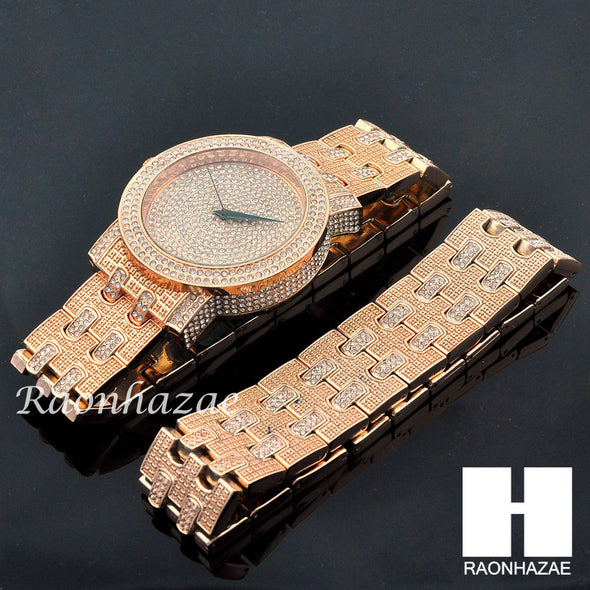 HIP HOP MEEK MILL LAB DIAMOND ROSE GOLD WATCH & BRACELET SET S003 - Raonhazae