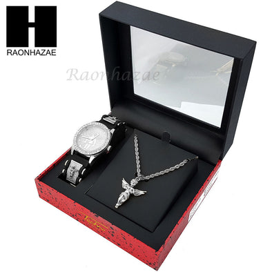 MEN TECHNO PAVE WATCH & ANGEL PENDANT ROPE CHAIN NECKLACE GIFT SET SS77 - Raonhazae