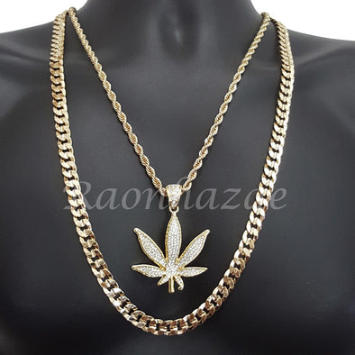 MARIJUANA CHARM ROPE CHAIN DIAMOND CUT 30" CUBAN CHAIN NECKLACE SET G18 - Raonhazae