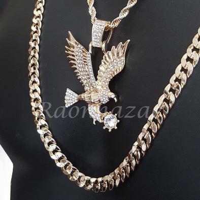 AMERICAN EAGLE ROPE CHAIN DIAMOND CUT 30" CUBAN CHAIN NECKLACE SET G37 - Raonhazae