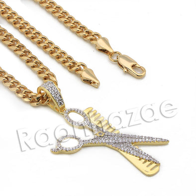 Lab diamond Micro Pave Barber Scissors / Comb Pendant w/ Miami Cuban Chain BR086 - Raonhazae