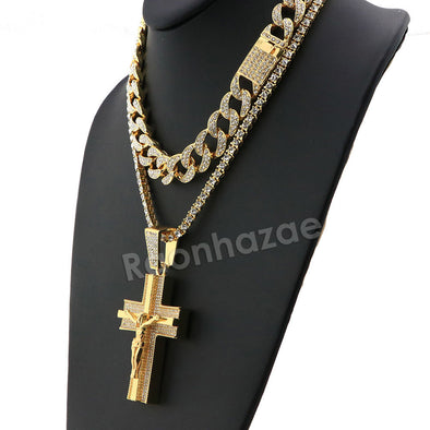 Hip Hop Quavo 3D Crucifix Miami Cuban Choker Tennis Chain Necklace L45 - Raonhazae