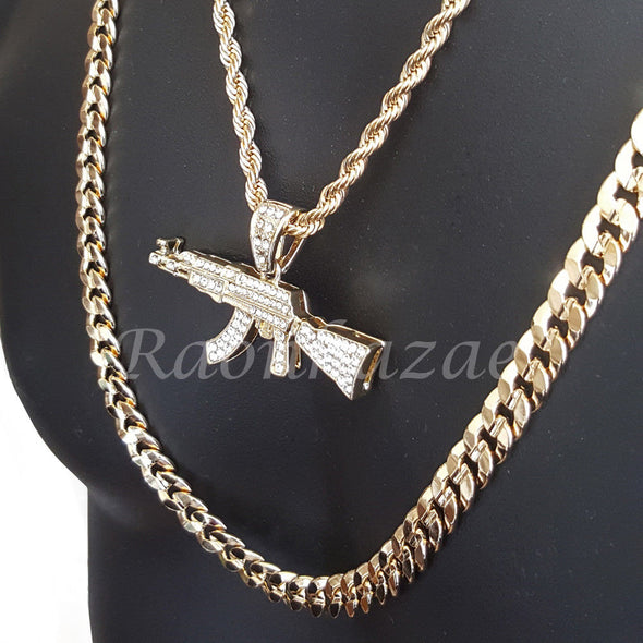 MENS AK47 CHARM ROPE CHAIN DIAMOND CUT 30" CUBAN CHAIN NECKLACE SET G33 - Raonhazae