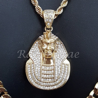 KING TUT CHARM ROPE CHAIN DIAMOND CUT 30" CUBAN CHAIN NECKLACE SET G45 - Raonhazae