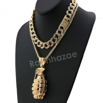 Hip Hop Quavo Grenade Miami Cuban Choker Tennis Chain Necklace L32 - Raonhazae