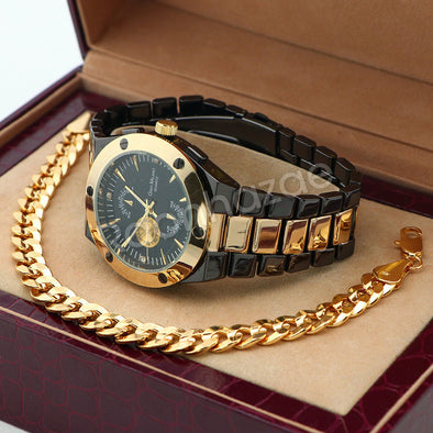 Men Jet Black PT Round Bezel Metal Band Watch Diamond Cut Gold Cuban Bracelet 97 - Raonhazae