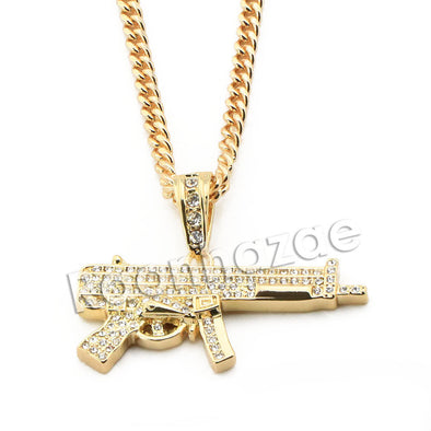 Mens Brass Bling Machine Gun Pendant w/ 5mm 24" 30" Cuban Chain A04G - Raonhazae