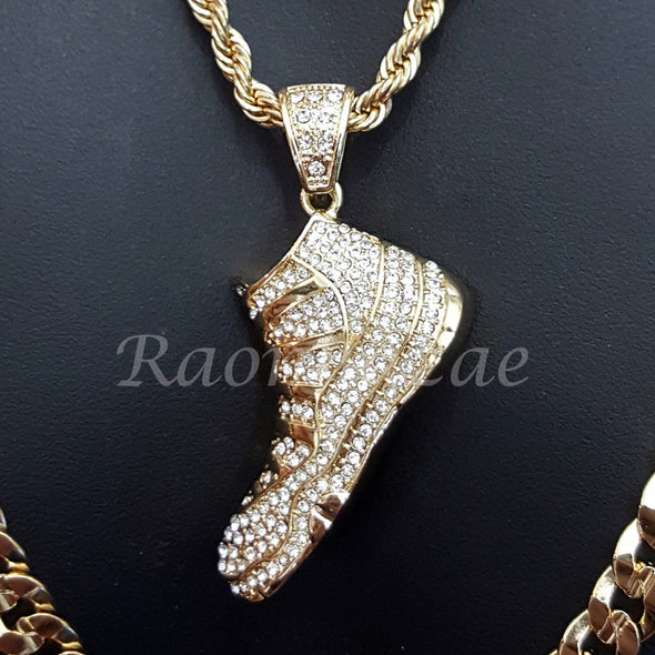 BLING JORDAN SHOE CHARM ROPE CHAIN DIAMOND CUT 30" CUBAN CHAIN NECKLACE SET G47 - Raonhazae