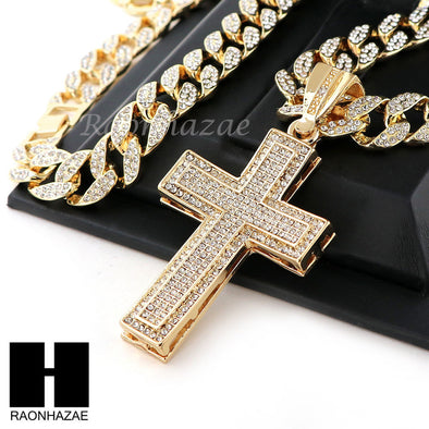 Hip Hop 14k Gold Plated 2Pac Cross PAVE Pendant 30" Cuban Link Chain N2 - Raonhazae