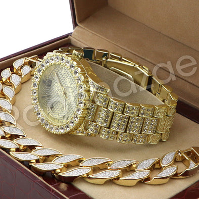 Men Lil Wayne Hip Hop Freemason 14K Gold PT Watch Sandblast Bracelet Set F21G - Raonhazae