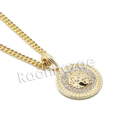 Mens Brass Gold Medusa Charm Pendant w/ 5mm 24" 30" Cuban Chain A07G - Raonhazae