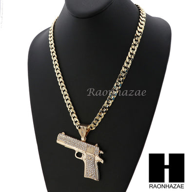 HIP HOP L HAND GUN PENDANT & DIAMOND CUT CUBAN LINK CHAIN NECKLACE NN44 - Raonhazae