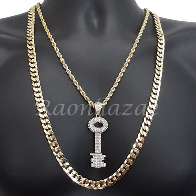 MENS VINTAGE KEY ROPE CHAIN DIAMOND CUT 30" CUBAN CHAIN NECKLACE SET 49 - Raonhazae