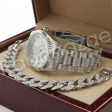 Hip Hop 14K White Gold PT Freemason Watch Cuban Chain Bracelet Set F44S - Raonhazae