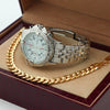 Silver PT Designer Bezel Metal Band Round Watch Diamond Cut Cuban Bracelet G90S - Raonhazae