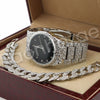 Hip Hop 14K White Gold PT Nugget Watch Cuban Chain Bracelet Set F45S - Raonhazae