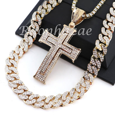 14K GOLD PT JESUS CROSS 18" TENNIS CHAIN 16" 30" CHOKER CUBAN CHAIN S25 - Raonhazae