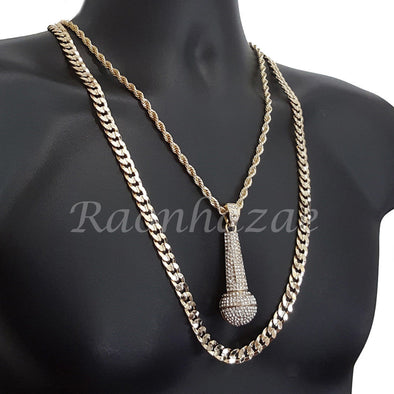 MICROPHONE CHARM ROPE CHAIN DIAMOND CUT 30" CUBAN CHAIN NECKLACE SET 17 - Raonhazae