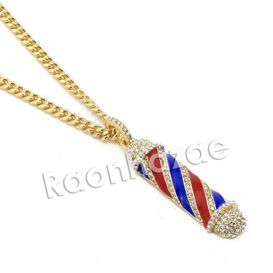 Men Bling Gold Barber Shop Pendant w/ 5mm 24" 30" Brass Cuban Chain A12 - Raonhazae