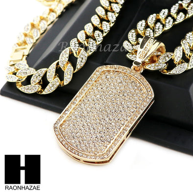 Hip Hop 14k Gold Plated Dog Tag Pave Pendant 30" Cuban Link Chain N08 - Raonhazae