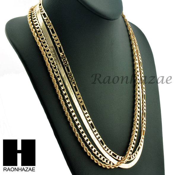 HIP HOP 4 CHAINS SET ROPE, CUBAN, HERRINGBONE & FIGARO 5mm NECKLACE CHAIN SET - Raonhazae