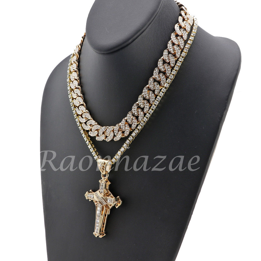 MENS 14K GOLD PT JESUS CROSS 18