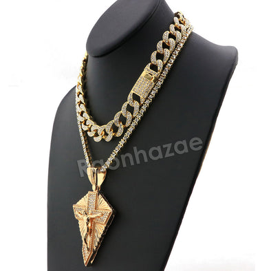 Hip Hop Quavo Diamond Shaped Crucifix Miami Cuban Choker Chain Necklace L52 - Raonhazae