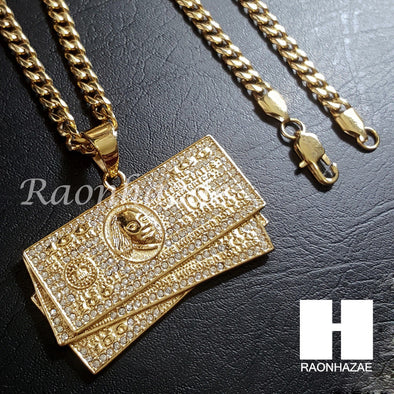 316L Stainless steel Gold Benjamin $100 Bill 5mm Cuban Chain S12 - Raonhazae