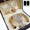 Gold PT Simulated Diamond Pave Watch Ruby QC Chain Cuban Bracelet Set O - Raonhazae