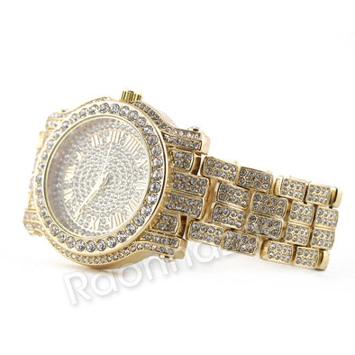 Hip Hop 14K Gold Simulated Diamond Watch Ruby Cuban Chain Bling Bracelet Set F47 - Raonhazae