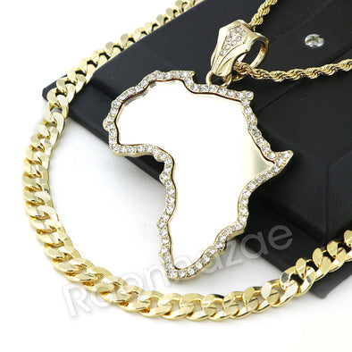 LARGE MIRROR AFRICA MAP ROPE CHAIN DIAMOND CUT CUBAN CHAIN NECKLACE G59 - Raonhazae