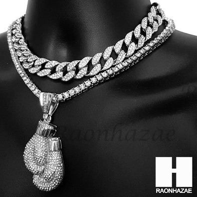 Hip Hop Silver Boxing Glove Miami Cuban Choker Tennis Chain Necklace ES - Raonhazae