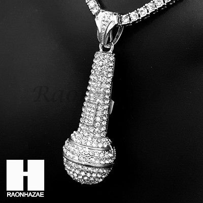 Hip Hop Silver Microphone Miami Cuban Choker Tennis Chain Necklace DS - Raonhazae