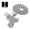 MEN'S WHITE GOLD PLATED GUN PENDANT W 3mm 24" ROPE CHAIN NECKLACE D32S - Raonhazae