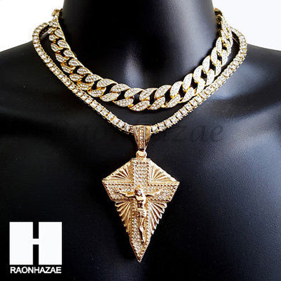 Hip Hop Premium Jesus Cross Miami Cuban Choker Tennis Chain Necklace A - Raonhazae