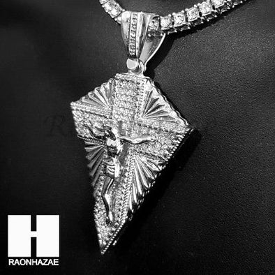 Hip Hop Silver Jesus Cross Miami Cuban Choker Tennis Chain Necklace AS - Raonhazae