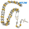 MEN'S STAINLESS STEEL HEAVY 8mm 29"& 5" GOLD SILVER BEADS ROSARY JSR201GS - Raonhazae