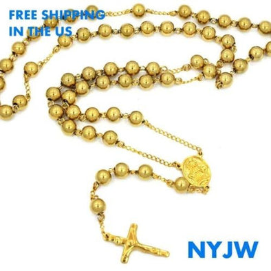 MEN'S STAINLESS STEEL HEAVY 8mm 29"& 5" 14K PT. GOLD BEADS ROSARY JSR201YG - Raonhazae