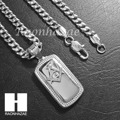 316L Stainless steel Silver Freemason Dog Tag 5mm Cuban Chain SG1 - Raonhazae